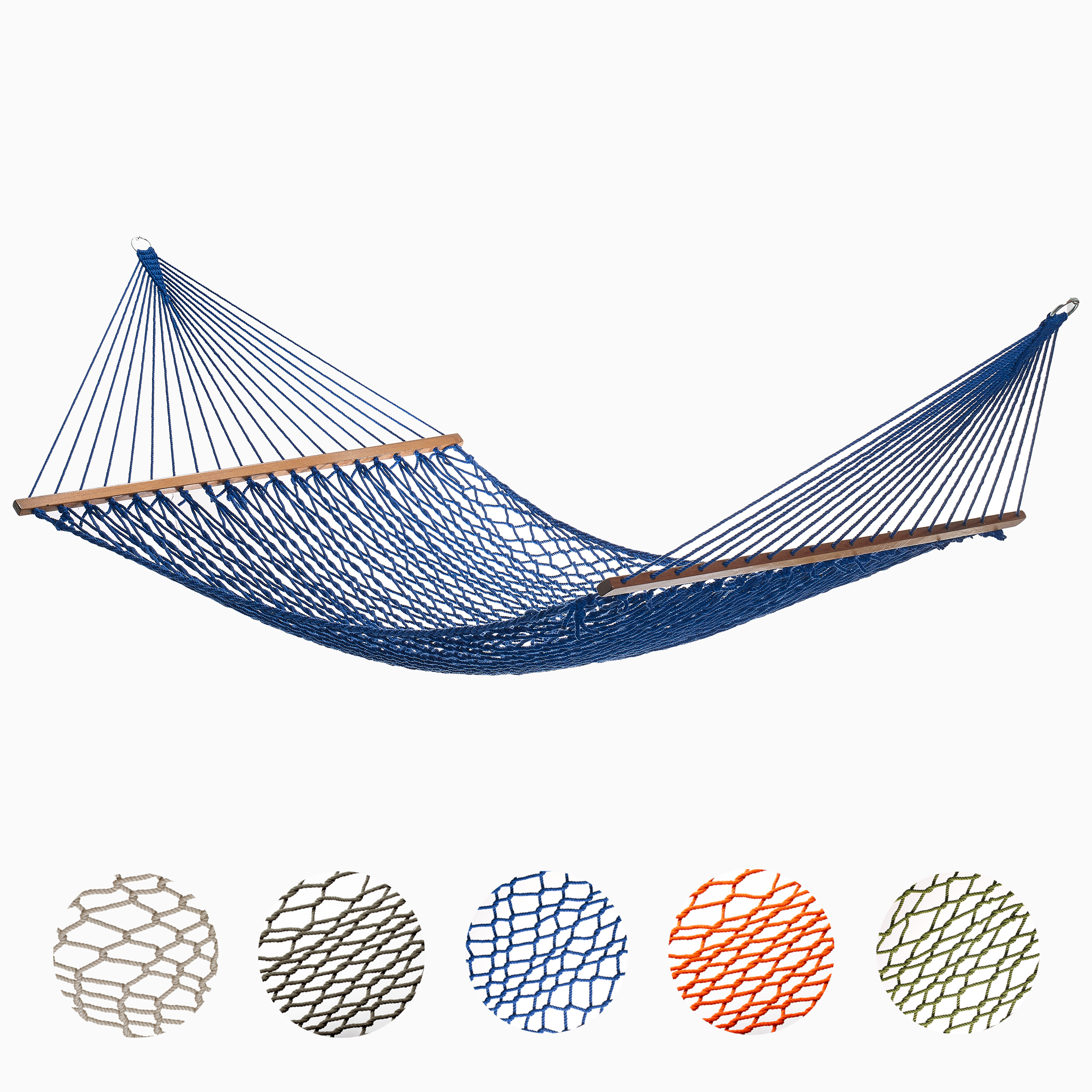 Full view of blue rope hammock above a row of rope color swatches